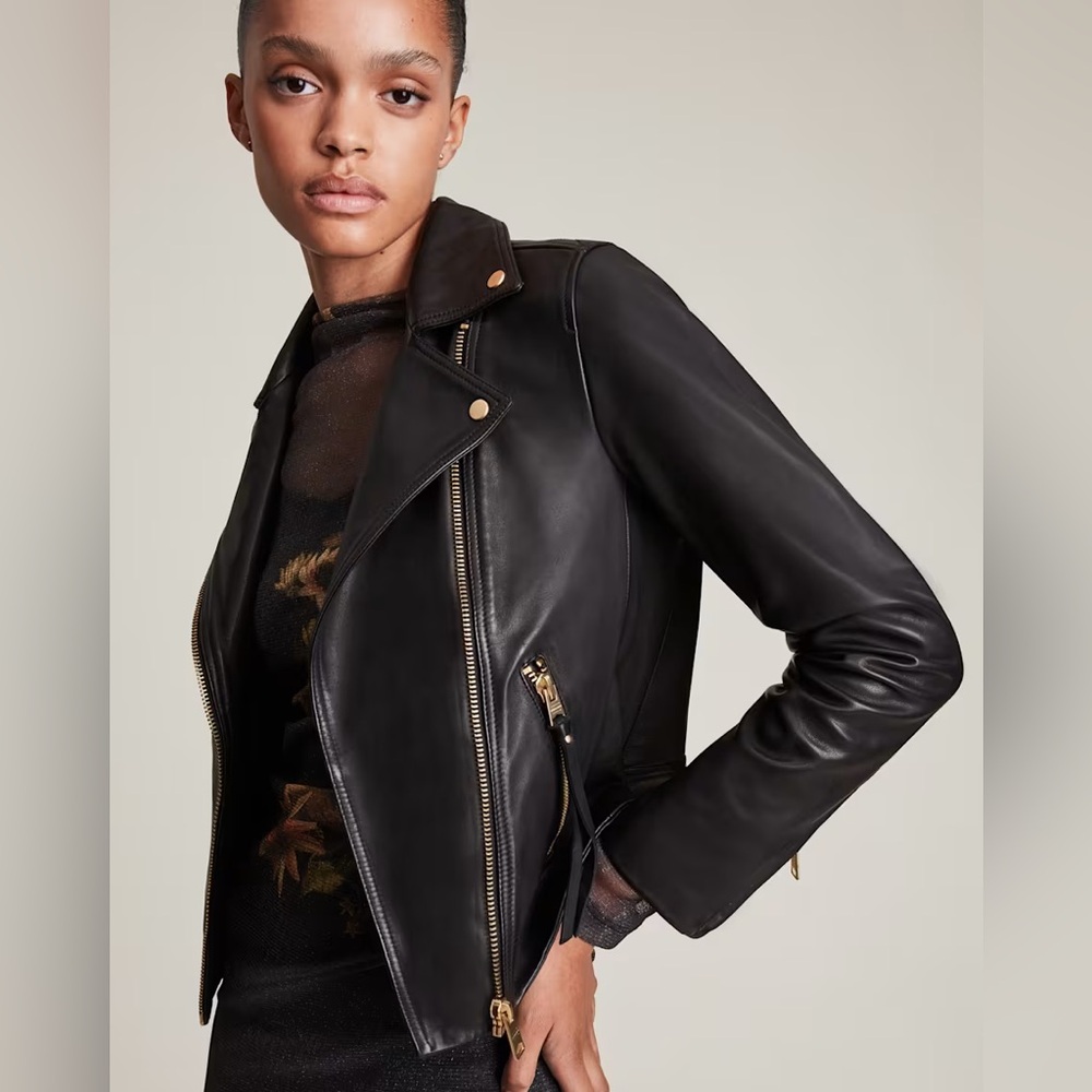 AllSaints Dalby Lamb Leather Biker Jacket Womens Sz 10 Green Moto